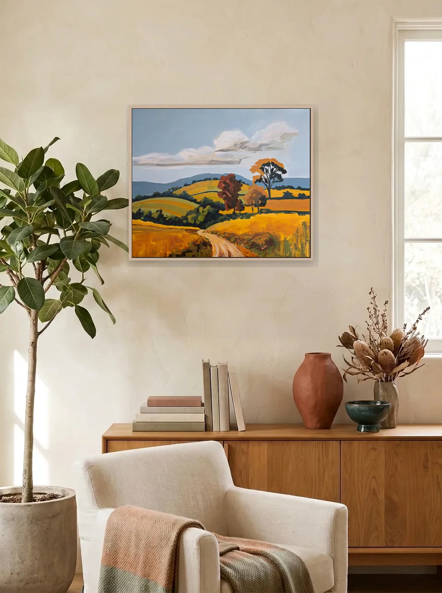 Happy In The Hills displayed as a wall-scale canvas in an interior scene