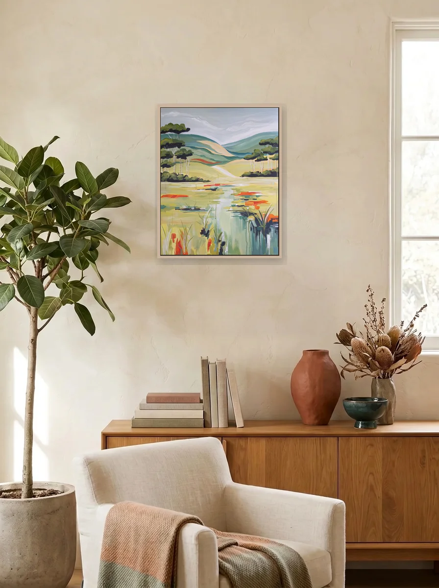 Morning in the Marsh displayed as a wall-scale canvas in an interior scene