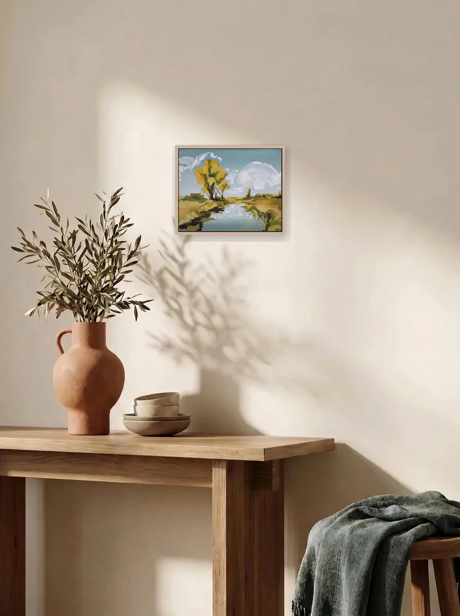Sculpted Skies displayed as a wall-scale canvas in an interior scene